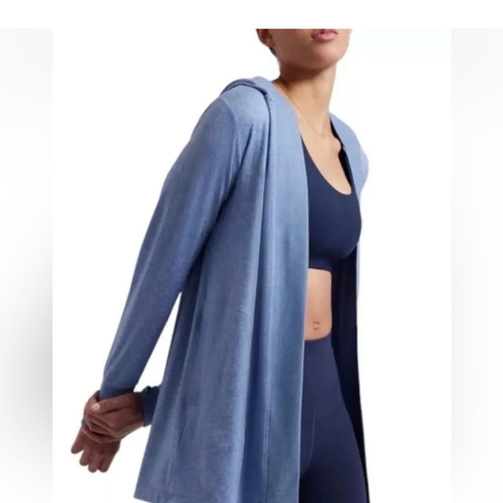 Athleta Untempo Wrap Cardigan Blue Hooded Pockets Size Large